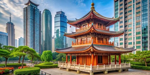 A traditional Asian pagoda in a modern urban setting, highlighting the contrast between the two styles, Traditional, Modern