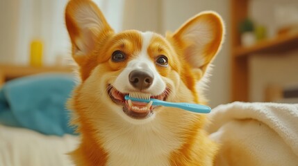 A corgi brushing its teeth with a happy expression in a playful pet care concept