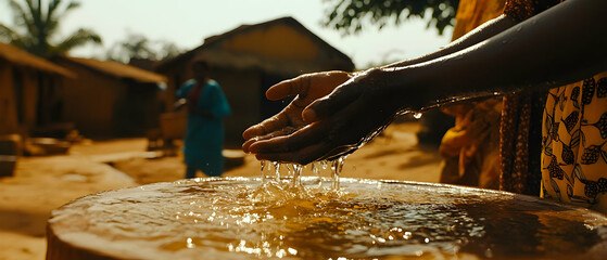 Hands cupping fresh water from village tap, natural and warm lighting capturing clean water essence