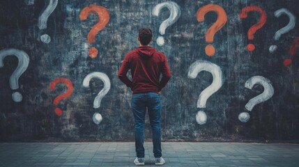 A man stands puzzled in front of a wall covered in question marks, contemplating the challenges ahead