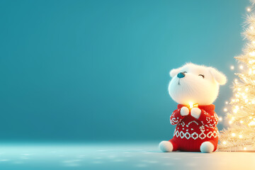 Tiny puppy in a Christmas sweater, sitting next to a glowing Christmas tree, 3D illustration