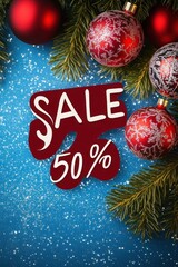 Wall Mural - Christmas sale banner adorned with red balls and fir branches, giving a festive touch to the advertisement.