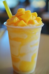 Delicious mango smoothie topped with fresh mango chunks, perfect for a refreshing summer treat.