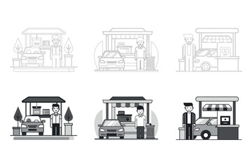 A series of black and white illustrations of a car wash. The first illustration shows a man standing next to a car, the second shows a man standing next to a car with a sign that says 