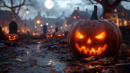 Halloween costumes with pumpkins in a misty graveyard.