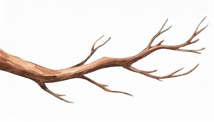 isolated watercolor depiction of a brown, dry tree branch without leaves, showcasing a straight twig