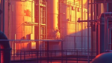 An industrial landscape at sunset, with the warm light casting long shadows across the complex towering structures