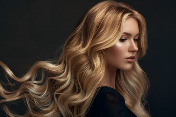 Side profile of woman with voluminous blonde hair, for promoting premium hair care products, beauty campaigns, fashion editorials, or marketing materials for luxury hair salons and health magazines