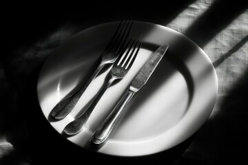 A Knife and Two Forks on a White Plate with Shadowy Lighting