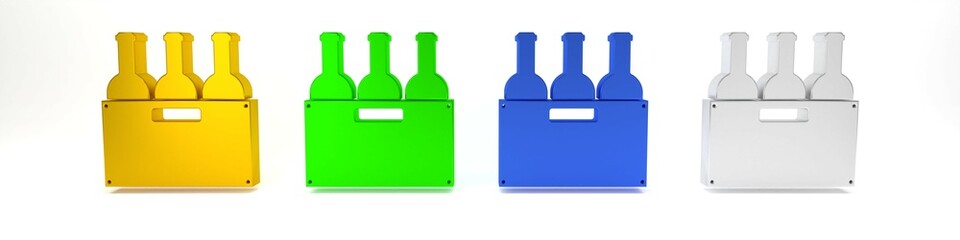 Wall Mural - Colorful Bottles of wine in a wooden box icon isolated on white background. Wine bottles in a wooden crate icon. Minimalism concept. 3D render illustration