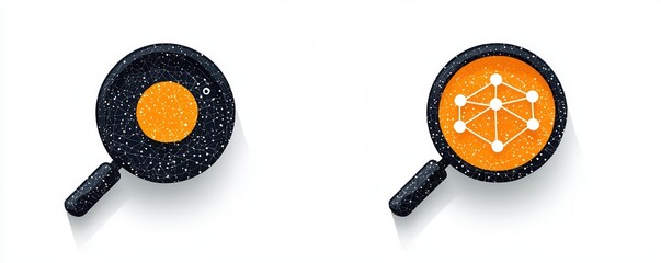 Sticker - Magnifying Glass with Network Icon on Orange Background.