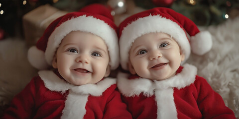 Photo of two one-year-old twins of European appearance lying dressed in a Santa Claus costume, happy and smiling. Photo from above. Christmas concept. Advertising banner.