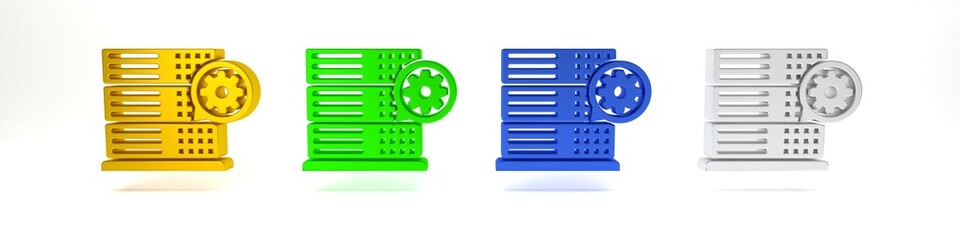 Sticker - Colorful Server and gear icon isolated on white background. Adjusting app, service concept, setting options, maintenance, repair, fixing. Minimalism concept. 3D render illustration