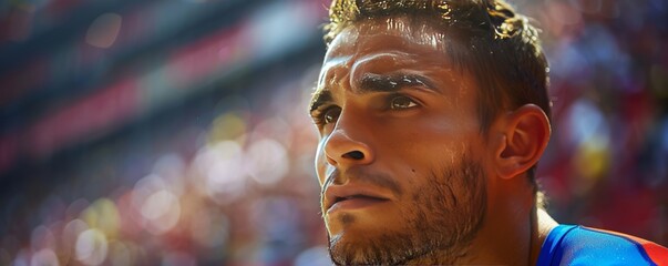 Intense Portrait of a Determined Athlete in a Stadium Setting, Capturing Raw Emotion and Focus