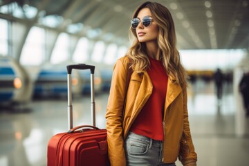 Young beautiful woman at the airport with a suitcase,ai generated