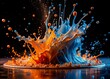 © Arnada - Slow Motion Collision of Orange and Blue Fluid Particles on Black Background - Macro Photography for Stunning Visuals