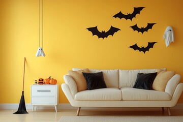 Wall Mural - Cream-colored sofa and footstool in a minimalist room with an end table, broom against the wall, orange spray-painted bats on yellow walls, and ghost decorations hanging from the ceiling.