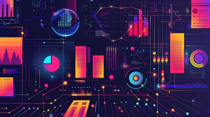 A vibrant digital interface showcasing data visualization elements like charts, graphs, and metrics.