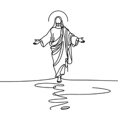 Jesus walks on water, simple continuous black line drawing, minimalistic, single unbroken line, vector, transparent background