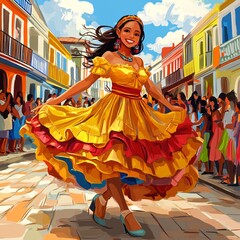 Wall Mural - Cartoon girl in a Colombian cumbia dress, twirling in a lively street parade