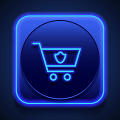 Shopping cart, protection simple icon vector. Flat design. Blue neon style on button. With shadow