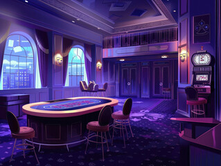 A casino room with a poker table and chairs under dazzling lights, inviting players for a night of strategic gaming and high stakes excitement.