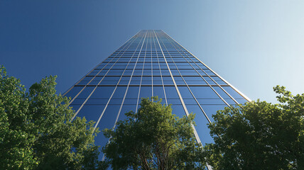 Exterior of a corporate office building made of glass and steel with green trees in the street