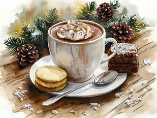 watercolor illustration of a cup of hot chocolate with biscuits on a wooden table among Christmas decorations