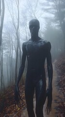 Mysterious Figure in Foggy Forest Pathway