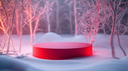 Aufkleber - In a tranquil winter setting, a bright red circular platform emerges from a blanket of pristine snow, surrounded by frosted trees. The soft twilight creates a magical, serene atmosphere.