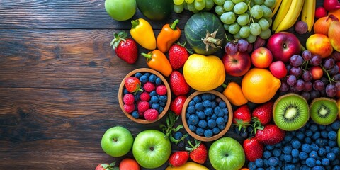 Poster - An array of vibrant, fresh fruits like berries, apples, and citrus laid out artistically on a rustic wooden surface.