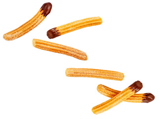 Churros explosion. Flying Churro isolated on white background. Fried churros with melting chocolate sauce.