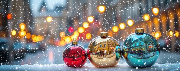 Colorful Christmas ornaments glistening in the snow and festive lights.