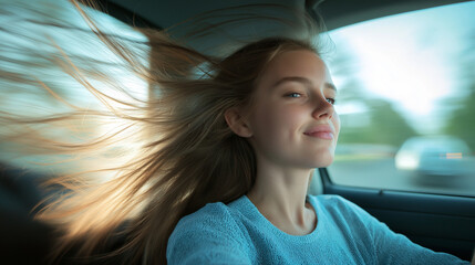 Young girl enjoying a joyful ride with windblown hair in a moving car

