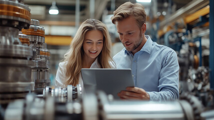 Two young professionals reviewing data on a tablet in a manufacturing facility