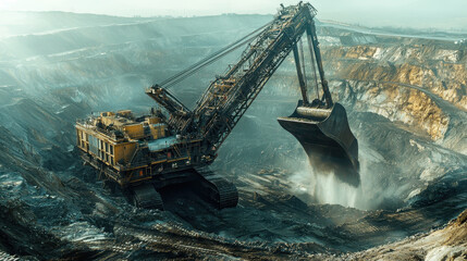 dramatic view of massive dragline excavator working in open pit mine, showcasing scale of industrial machinery and mining process. scene captures power and intensity of excavation activities