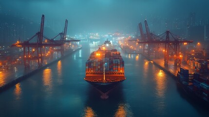 Aufkleber - A large cargo ship sails through a bustling port, surrounded by towering cranes, all aglow with lights against the foggy night. The atmosphere is vibrant yet mysterious.