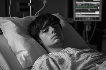 Young man resting in a hospital bed. Medical monitoring equipment is visible beside him