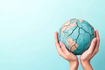 hands holding a cracked globe symbolizing environmental issues.