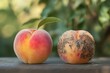 © Lamina - perfectly ripe peach with soft, velvety skin on one side is compared to a brown, rotting peach on the other, showing the contrast between freshness and decay.
