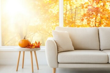 Cozy living room adorned with autumn decor and a pumpkin beside a soft couch, highlighting the beauty of seasonal change next to a sunlit window