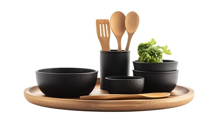 A wooden tray with black bowls, a wooden spatula, and wooden spoons.  A bunch of green herbs in a small black bowl.