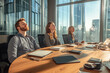 © dK - Employees meditating in a professional office setting with city view