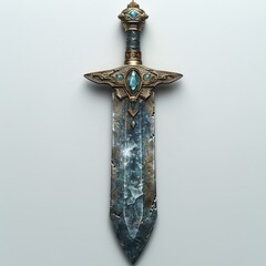 Magical ice sword. Ancient magic dagger with old dark blade and gothic design covered in frozen crystals for colorful realistic design