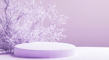 Aufkleber - A serene winter setting displays a frosty tree beside a circular platform covered in snow. The scene is bathed in soft purple light, creating a tranquil atmosphere that evokes a sense of calm.