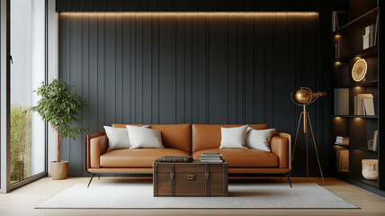 Wall Mural - A moody living room with dark wooden walls and leather furniture