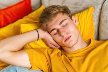 Young man sleeping peacefully on yellow pillows in cozy living room