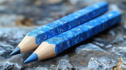 Close-up of two blue pencils on a textured stone surface in natural light.