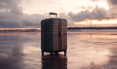 A sleek travel suitcase stands alone on a wet airport runway at sunset, reflecting the golden hues of the evening sky.