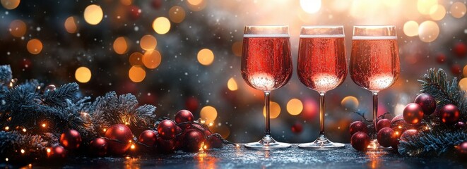 Festive holiday setting with three glasses of red wine surrounded by bokeh lights and Christmas decorations.